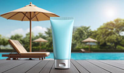 A tube of sun protection cream rests atop a wooden surface beside a swimming pool. Lounge chairs and sun umbrellas create a relaxing atmosphere under clear skies and the warm sun.