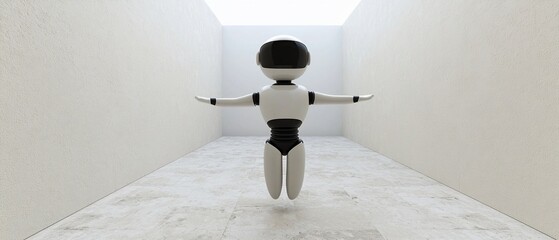 Conceptual portrayal of robotic figure suspended within clean minimal hallway