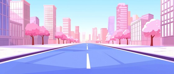 Urban Blossom: A Serene Cartoonscape of Pink Trees and Modern Architecture