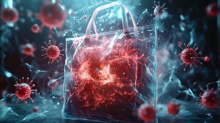 Concept ad visual of the self-cleaning bag surrounded by animated particles and germs dissolving in slow motion under a UV beam, digital shield forming over the surface.