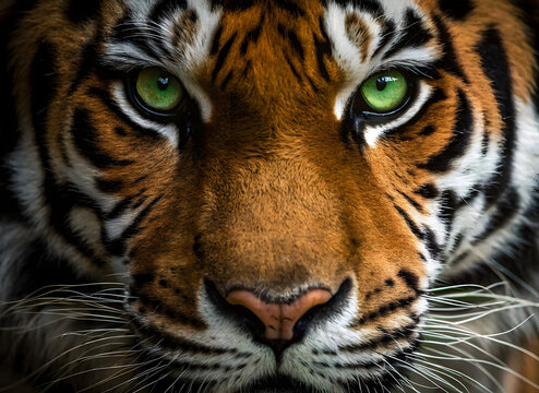 High-resolution close-up photo of a tiger’s face featuring green eyes, intense stare, vivid fur patterns, and sharp whiskers. - Powered by Adobe