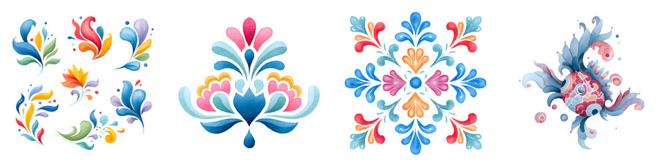 Vibrant, intricate floral designs featuring colorful swirls, ornate motifs, and decorative elements in a harmonious and artistic style ideal for digital art and textile applications