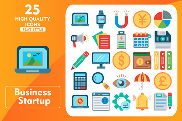 Business startup Flat Icon Set. Incleded Icons Laptop, Monitor Screen, Umbrella, Pound, Percentage, Web Browser, Setting, Bell. Vector Icons Collection