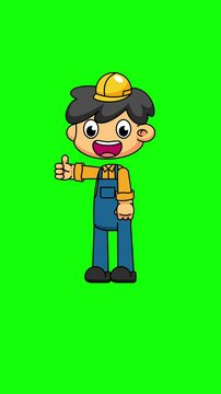Happy Contractor Giving Thumbs Up, Cute Chibi Animation on Loop Greenscreen