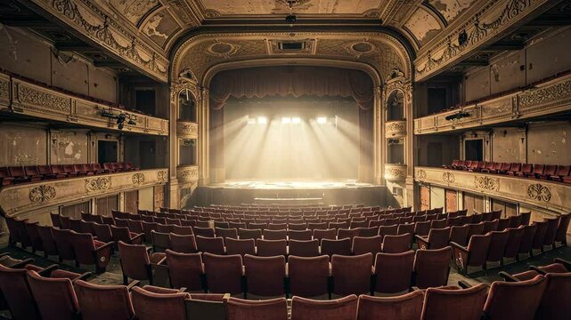 Old ornate theater with velvet seats and light rays on stage