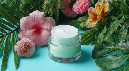 A skincare cream jar is surrounded by lush greenery and colorful flowers, showcasing a blend of innovation and nature. This composition highlights the harmony between technology and beauty products.