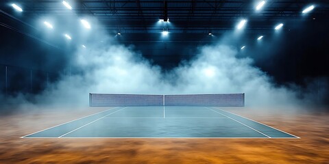 A modern dramatic tennis court scene featuring. A foggy atmosphere with spotlight effects, ideal for sports promotions, tournament announcements, or dynamic event marketing

