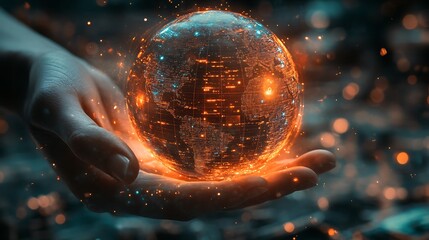 Hand holding a miniature Quantum Leap Drive over a digital globe, entangled information threads shooting from device into various locations across the world.