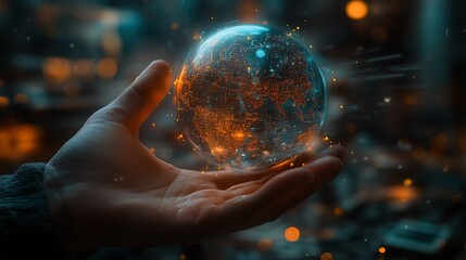 Hand holding a miniature Quantum Leap Drive over a digital globe, entangled information threads shooting from device into various locations across the world.