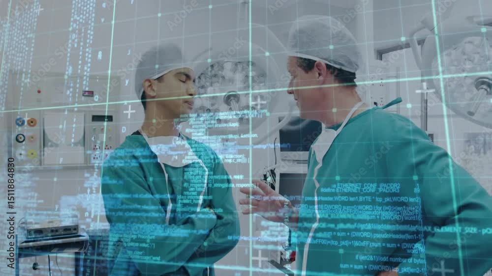 Aufkleber surgeon gesturing to start procedure in or, colleague responding as digital code scrolling