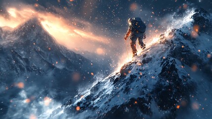 High-altitude scene of a climber scaling a snowy peak, gravity-reactive shoes dynamically adapting to the incline, grip pods extruding as ice flakes fly. Snowy ridge, dramatic lighting.