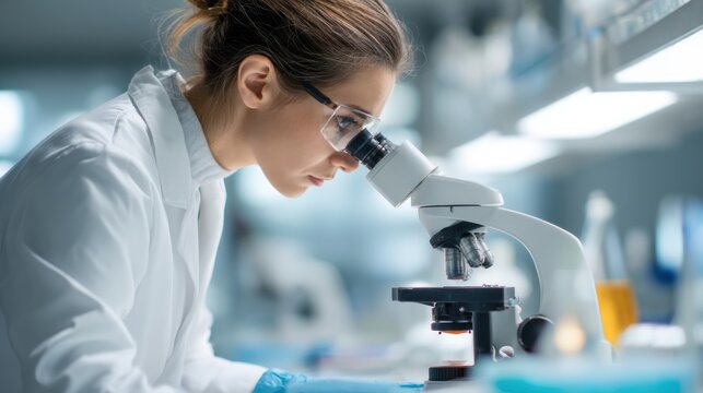 A focused scientist analyzing samples under a microscope in a modern laboratory setting, showcasing dedication to research. - Powered by Adobe