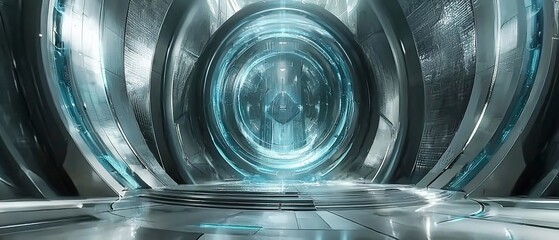 Futuristic Technological Interior with Circular Light Portal and Metallic Design