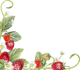 Watercolor illustration of corner with juicy strawberries and foliage decorating. Suitable for postcards, invitations, banners, birthday parties, printed products