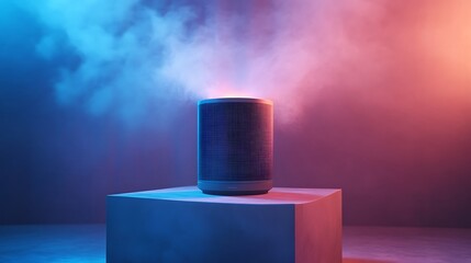 Product render of a sleek wearable climate device on a display pedestal, digital animation shows air flow simulation around user silhouette, heat-to-cool gradients visible.