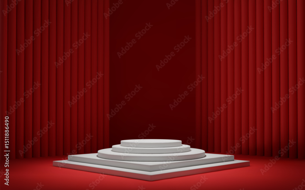 Poster 3d red room background with white podium and column. product display with platform. abstract geometr