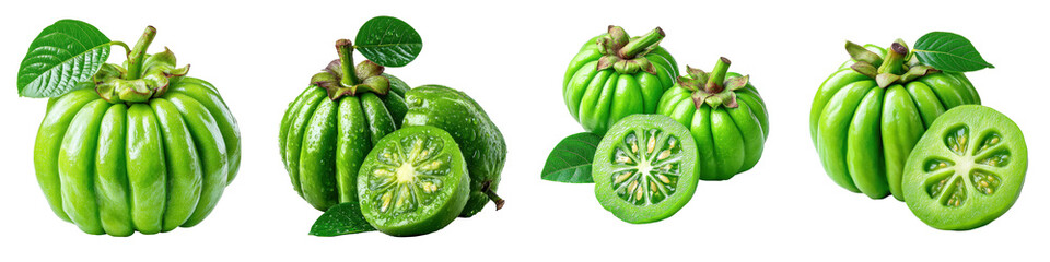 Fresh garcinia atroviridis fruit with vibrant green skin, PNG die cut isolated on transparent background