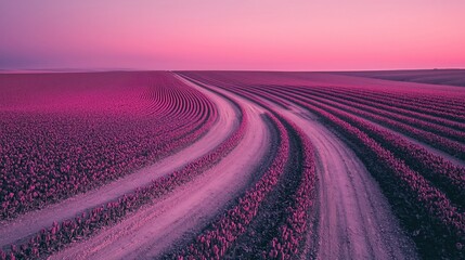 Surreal agrarian landscape with winding paths at dusky pink hour illumination