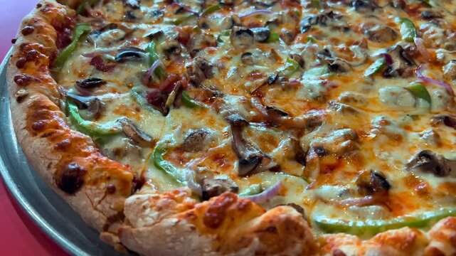 Supreme party pizza loaded with mixed toppings, colorful veggies, cheese, and bold flavors &mdash; perfect for gatherings, celebrations, food delivery, casual dining, and visual food content.