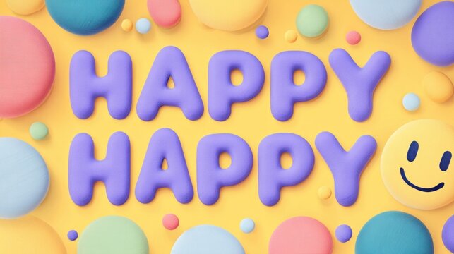 Cheerful typography arrangement with pastel spheres and a happy emoticon face