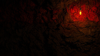 Dark Stone Wall with Edison lamp Lighting 3D Rendering