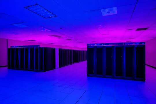 Futuristic server room in neon light - Powered by Adobe