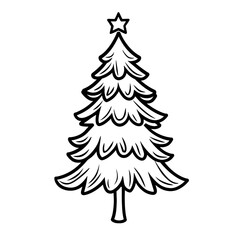 Xmas tree sketch, black and white line art, traditional fir or pine, simple stylized festive winter symbol, isolated vector for Noel