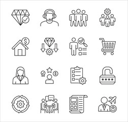 Business company Icon set. Management icon set. Contains symbol of teamwork, data, asset, stock, resource, employee, businessman, target, finance, holiday, meeting, education. Vector illustration