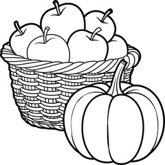 Apples in a basket with a pumpkin outline drawing illustration