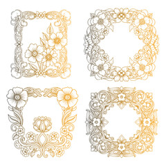 Set of Elegant Ornamental Floral Frames with Golden Gradient Line Art Featuring Vintage Botanical Flowers and Leaves for Luxury Invitations and Decorative Designs

