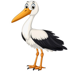 Cute cartoon stork, friendly bird character, white, black and orange, long beak, legs, baby delivery myth mascot for kids, isolated