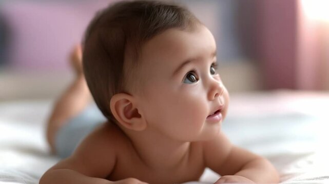 Curious baby exploring the world while lying on a soft surface