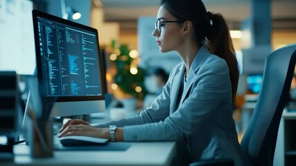 Professional woman coding at her computer in modern office environment for software development - Powered by Adobe