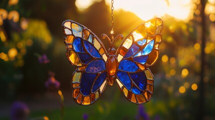 Colorful stained glass butterfly catches golden sunlight in a serene garden setting at sunset