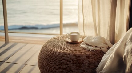 Warm morning coffee on a cozy wicker table by the ocean at sunrise