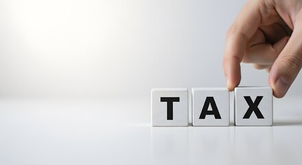 Close up of hands arranging blocks with tax written on them on a table with a clean white background