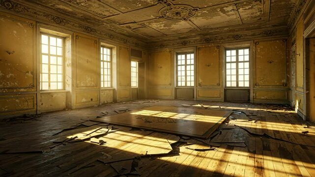 Dilapidated interior featuring decay, peeling paint and broken floorbo