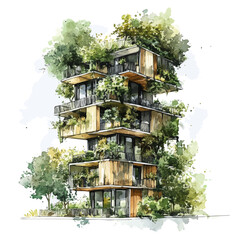 Sustainable Architecture, watercolor painting vector, high quality, isolated on a white background.