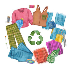 Frame clothing, fabrics, threads, and sewing tools with a recycling symbol in the center. Watercolor illustration the topic sustainable fashion and reuse. Ideal for eco campaigns, zero-waste visuals.