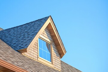 House Exterior. Roof Window. Second floor among blue sky. Mansard attic. Newly build houses. Gable roof with skylight, asphalt roofing, shingles. Residential Home. Vinyl Siding. Polymeric roof-tiles