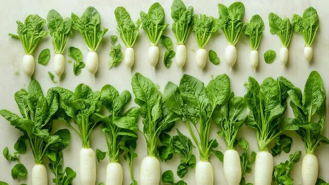 Rows of Growing White Radishes with Spinach Greens - Stages of Growth