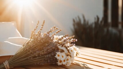Beautiful bouquet of lavender and daisies on a rustic wooden table illuminated by warm sunlight in a serene garden setting