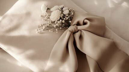 Elegant fabric wrapped with ribbon and embellishments on a soft surface in a serene indoor setting