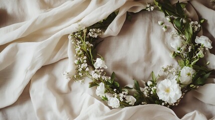 Floral wreath arranged delicately on soft fabric with white flowers and greenery for decoration or celebration
