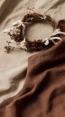 Decorative floral wreath arranged on fabric surface with soft natural tones showcasing elegant craftsmanship and design aesthetics