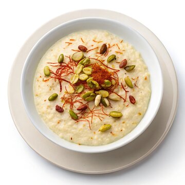 Creamy Rabdi Garnished with Pistachios and rose petals in White Bowl &ndash; Traditional Indian Dessert