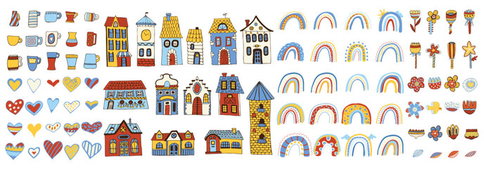 Big set of houses, hearts, rainbows, flowers. Set of cute stickers. Colorful bright elements for your design. Vector illustration