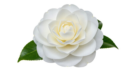 Isolated White Camellia Flower with Lush Petals and Dark Green Leaves
