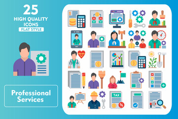 Professional services Flat Icon Set. Incleded Icons Budgeting, Invoice, Project Management, Add Task, Presentation, Engineer, Tax Consultant, Survey. Vector Icons Collection