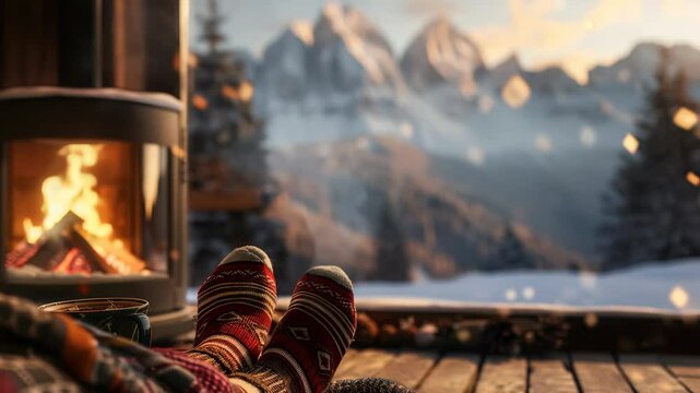 Close-up of patterned socks by a fireplace, offering a scenic view of snowy mountains and falling snow, creating a cozy winter atmosphere for relaxation.